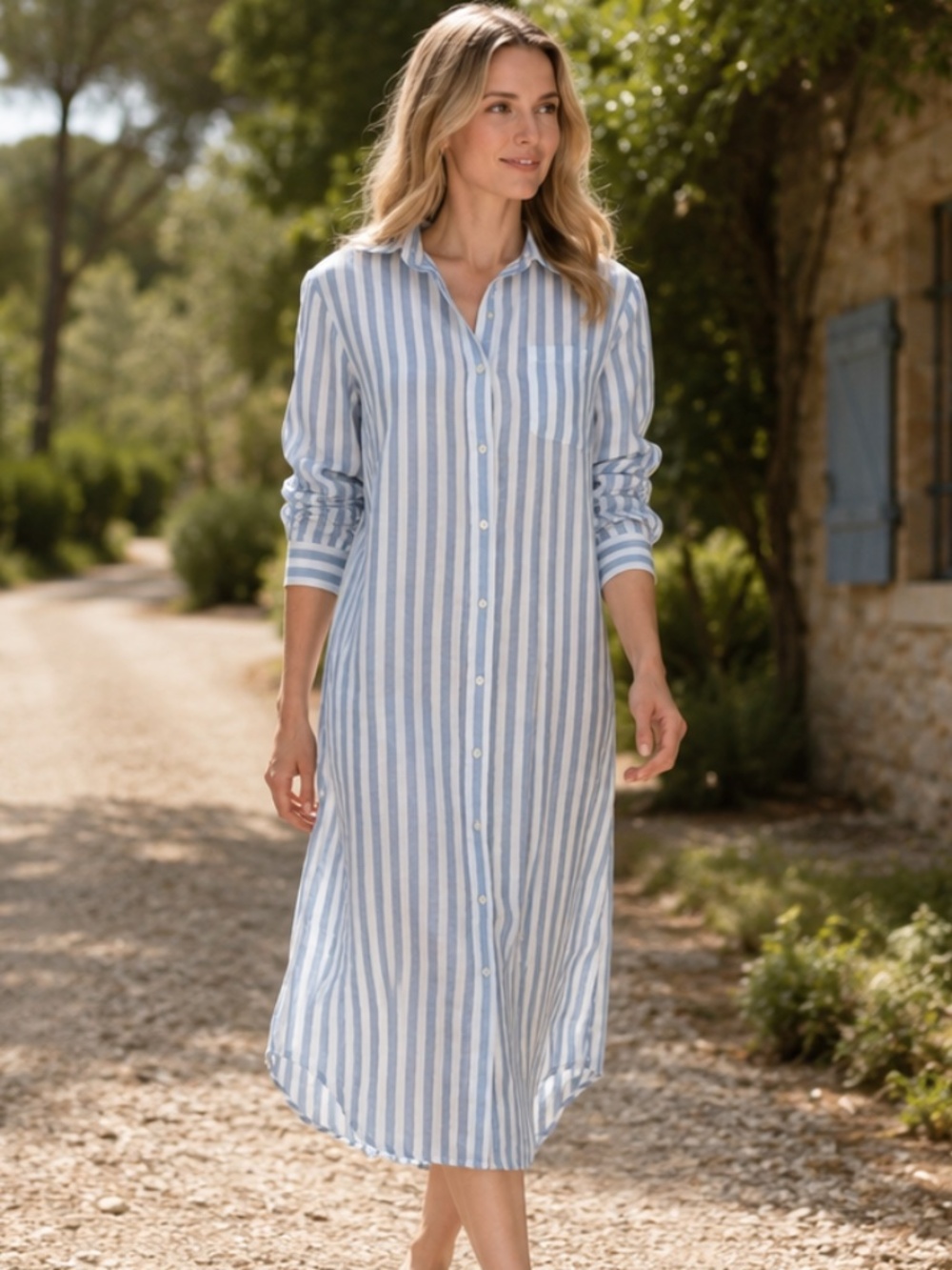 NWT Magaschoni 100% Linen Shirt Dress Blue Stripe S